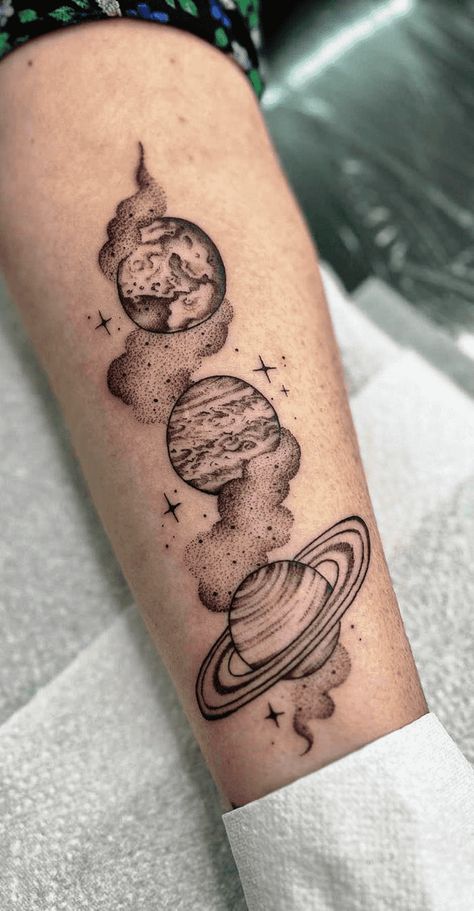 Space Cloud Tattoo, Girly Space Tattoo, Tattoo Ideas Planets, Galaxy Sleeve Tattoo, Astronomy Tattoo Ideas, Planets Tattoo Design, Clouds And Stars Tattoo, Astronomy Tattoos, Small Hip Tattoos Women