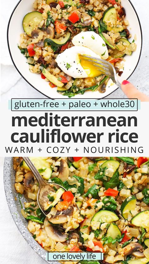 Breakfast Cauliflower, Cauliflower Rice Skillet, Mediterranean Cauliflower, Cauliflower Rice Easy, Rice Cauliflower, Breakfast Paleo, Healthy Rice Recipes, Whole30 Breakfast, Whole30 Meal Prep