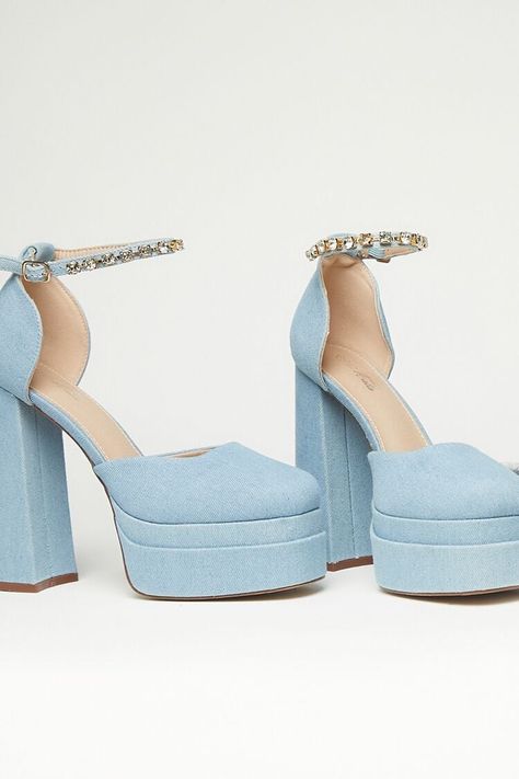 Blue Platform Heels, Wedding Platform, Taylor Outfits, Denim Heels, Closed Toe Heels, Bridal Heels, Platform Mary Janes, Socks And Heels, Chunky High Heels