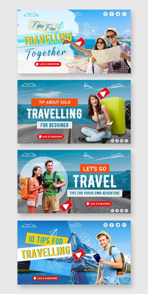 4 Travel YouTube Thumbnail Templates PSD Youtube Title Design, Travel Thumbnail, Banner Design Drawing, Thumbnail Youtube Inspiration, Thumbnail Inspiration, Vlog Ideas, Thumbnail Template, Thumbnails Youtube Background, Youtube Video Thumbnail