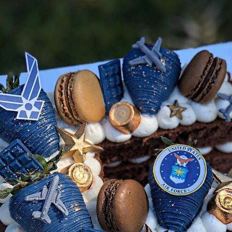 Stina’s Cakery Creations✨ on Instagram: "Love from Dallas, Texas✈️
Thank you to Sandra for trusting me to create something special for your family stationed here in California✨ 
“F” Chocolate Cake - Air Force Theme
.
.
.
DM for inquiries🍓
.
.
.
#stinascakerycreations #lettercakes #airforcecake #airforcenavy #airforce #airforceplanes #airfoecetreats #yummy #chocolatecoveredstrawberries #rolo #macaronstagram #minichocolatebars #airforcelettercake #birthday #celebrate #vacavillecakes #fairfield #bayarea #napa" Air Force Cupcakes, Air Force Cake Ideas, Air Force Retirement Cake, Air Force Retirement Party Ideas, Air Force Cake, Air Force Retirement, Military Cake, Retirement Cake, Number Cakes