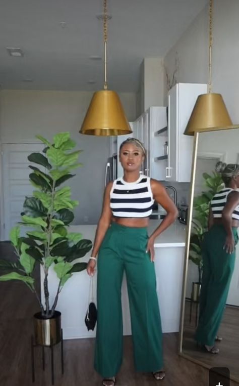 #Highwaist #Green #Croptop #Stripes #Style #Womensstyle ##Womensfashion Green Striped Shirt Outfit, Green Pants Outfit, Wardrobe Goals, Stripped Tops, Blue Striped Top, Green Pants, Striped Crop Top, Green Tops, Green Blouse