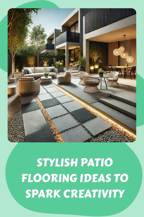 Modern patio design with sleek furniture, ambient lighting, and greenery. Patio Flooring Ideas, Chic Flooring, Kitchen Flooring Trends, Kitchen Tile Inspiration, Ensuite Bathroom Designs, Industrial Chic Kitchen, Rustic Industrial Kitchen, Compact Kitchen Design, Modern Bedroom Colors