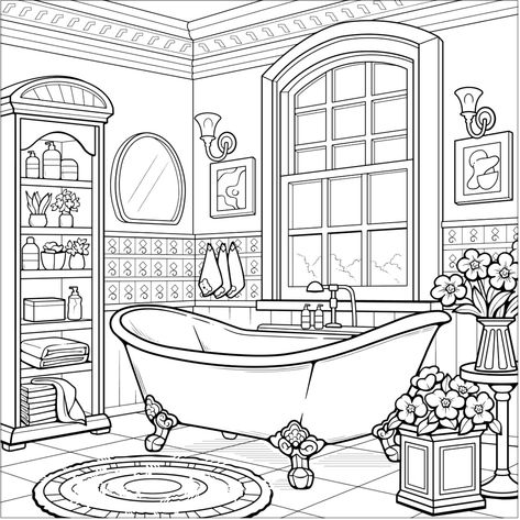 Bathtub Coloring Pages, Bathroom Coloring Pages, Adult Coloring Books Printables, Perspective Drawing Architecture, Bathroom Decor Colors, Coloring Pages Inspirational, Barbie Coloring Pages, Detailed Coloring Pages, Adult Colouring Pages