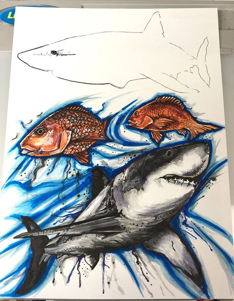 Great white sharks with Red Snappers. A Work In progress Watercolor + pen and ink. #WIP #greatwhiteshark #shark #fishing #art #drawing #watercolor #watercolorillustration Fishing Art Drawing, Fish Pen Drawing, Shark Ink Drawing, Red Snapper Painting, Red Snapper Watercolor, Great White Shark Watercolor, Fishing Art, Tattoo Artwork, Shark Fishing