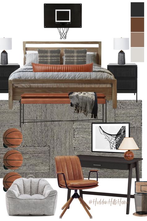 Teen boys basketball bedroom decor mood board! Masculine sports themed bedroom decor ideas Basketball Bedroom Decor, Boys Basketball Bedroom, Tilly Upholstered Bed, Sports Themed Bedroom, Basketball Bedroom, Basketball Room, Teenager Bedroom Boy, Boys Bedroom Makeover