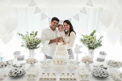 Dessert Table + Guest of Honor & Parents from an Elegant White Baptism Dessert Table via Kara's Party Ideas | KarasPartyIdeas.com (9) Christening Dessert Table, Baptism Dessert Table, Baptism Desserts, Dessert Table Party, Baptism Themes, Baptism Decorations, Christening Party, Table Party, Baby Boy Baptism