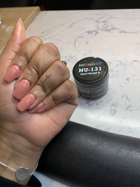 NU131- “Don’t Sweat It” It’s basically a Salmon color #nugenesis #nugenesisdippingpowder #brownskin #nugenesiscolors #blackskin #nailcolors #nailcolorsfordarkskin #summernails Fall Nugenesis Colors, Nugenesis Nails Colors Fall, Nugenesis Dipping Powder Colors Spring, Nugenesis Nails Colors, Fall Sns Nail Colors, Nails Designs Neutral, Nugenesis Dipping Powder Colors, Power Dip Nails Ideas, Sns Dip Nails