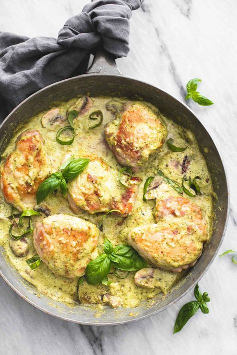 Creamy Pesto Parmesan Chicken | lecremedelacrumb.com Keto Chicken Recipes, Ketogenic Recipes Dinner, Easy Chicken Thigh Recipes, Creamy Pesto, Thigh Recipes, Dinner Food, Pesto Recipe, Keto Chicken, Pesto Chicken