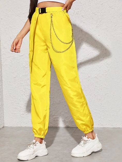 Neon Yellow Chain Detail Belted Cargo Pants | SHEIN USA Yellow Cargo Pants Outfit, Neon Yellow Pants, Yellow Cargo Pants, Yellow Pants Outfit, Yellow Clothes, Cargo Pants Outfit, Yellow Pants, Yellow Outfit, Fashion For Women Over 40