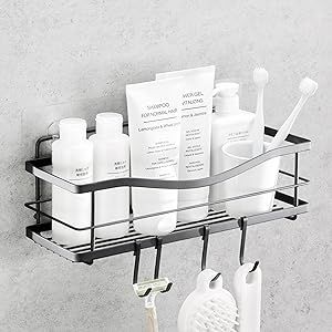 KINCMAX Shower Shelf - Self Adhesive Shower Caddy with 4 Hooks - No Drill Large Capacity Stainless Steel Rack - Aesthetic Organizer for Bathroom Wall Decor - Matte Black Aesthetic Organizer, Shower Caddy Storage, Bathroom Shower Organization, New Home Essentials, Bathroom Shelf Organization, Shower Organizer, Bathroom Caddy, Steel Rack, Shower Rack