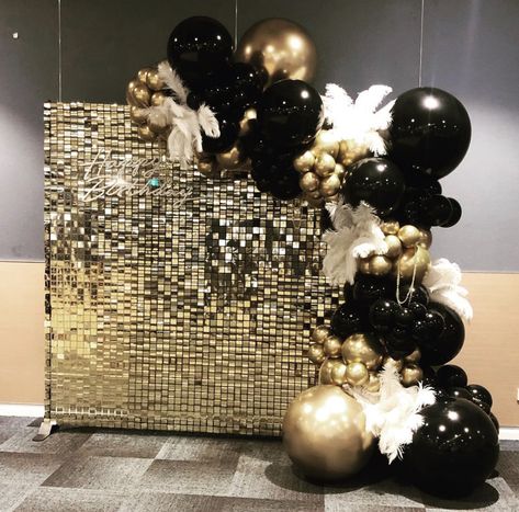 Black And Gold Balloons, Great Gatsby Theme, Gatsby Theme, Gold Balloons, Great Gatsby, Gatsby, Black And Gold, Feathers, Photo Wall