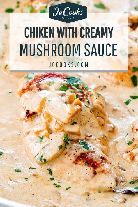 This Chicken with Creamy Mushroom Sauce is a simple yet very elegant dish featuring boneless skinless chicken breasts in a delicious creamy mushroom sauce made with white wine and cream. #creamymushroomsauce #chicken #winnerwinnerchickendinner Chicken White Wine Sauce, Chicken Thighs Mushrooms, White Wine Chicken, Romanian Recipes, Creamy Chicken Recipes, Chick Flick, Sesame Chicken Recipe, Creamy Mushroom Soup, Jo Cooks