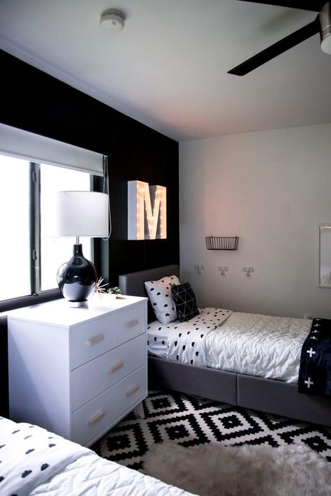 Black and White Modern Kids Room - Bright Green Door Farmdoors Bedroom, Room Decor Bedroom Black And White, Black White Room Bedroom, Black Wall Ideas Bedroom, Bedroom Ideas For Small Rooms For Boys, Moms Room Ideas Bedrooms, Boys Bedroom Black Wall, Black Boys Room Ideas, Small Black Room Ideas