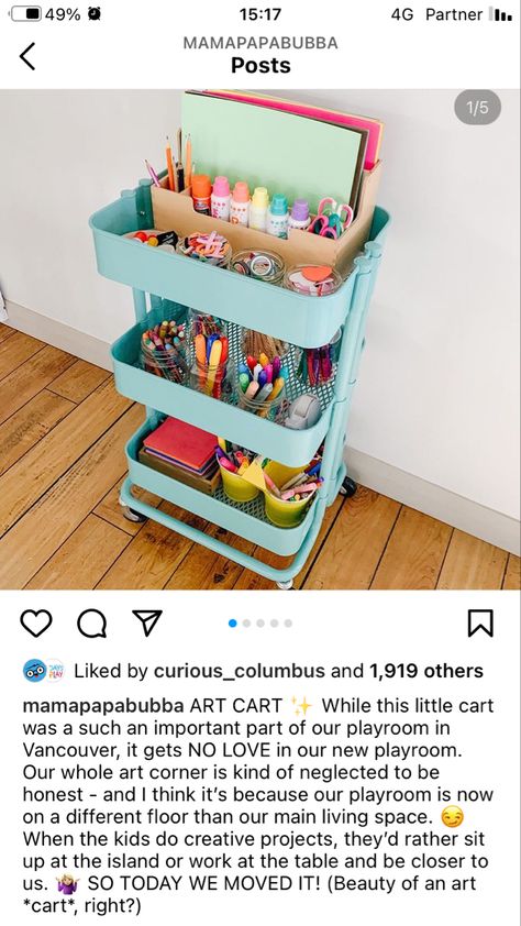 Craft Trolley Ikea, Craft Trolley Kids, Trolley Cart Ideas, Craft Trolley, Kids Art Storage, Kids Craft Storage, Kids Storage Solutions, Craft Organisation, Ikea Raskog