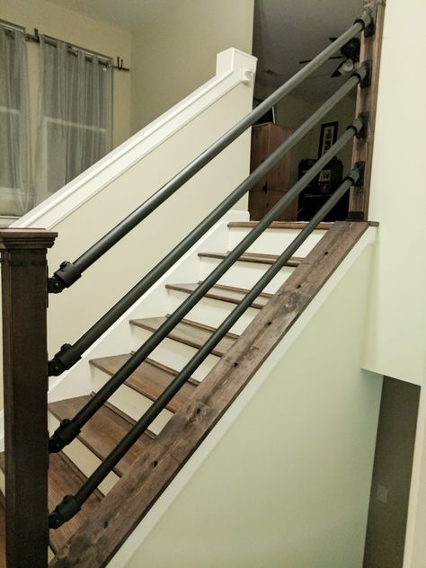 Electrical conduit and cedar post DIY handrail Industrial Handrails For Stairs, Banister Alternatives, Pipe Handrails For Stairs, Interior Handrail Ideas, Stair Railing Ideas Diy, Diy Stair Railing Cheap, Diy Railings For Stairs, Rustic Stair Railing Ideas, Pipe Stair Railing