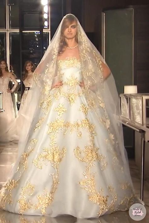 Beautiful Golden Embroidered A_Lain Princess Wedding Dress / Wedding Gown with Strapless Illusion and a Veil. Spring Summer 2018 Bridal Collection. Runway Show by Reem Acra. White And Golden Wedding Dress, Golden Wedding Dress, Runway Bridal, Princess Ideas, Queen Wedding Dress, Golden Gown, Barbie Wedding Dress, Gold Wedding Dress, White Wedding Gowns