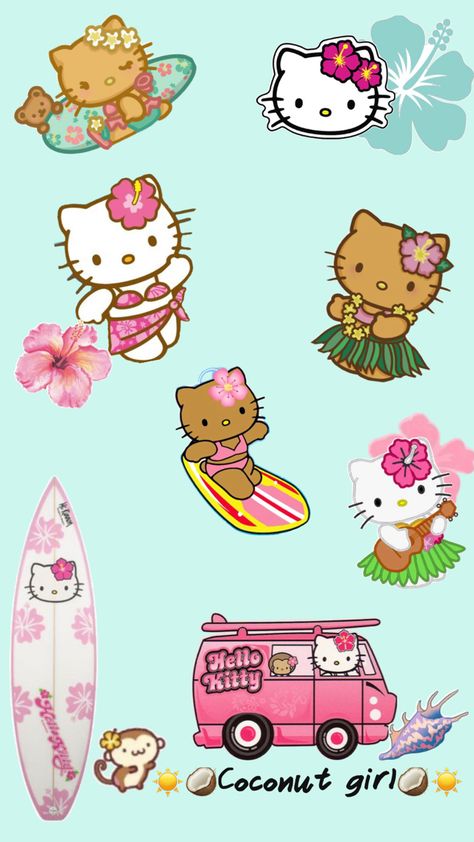 Hello kitty coconut girl,sunnmer girl☀️ Hello Kitty Surfing, Hawaiian Hello Kitty, Hello Kitty Beach, Coconut Girl, Surfing, Hello Kitty, Party Ideas, Coconut, Kitty