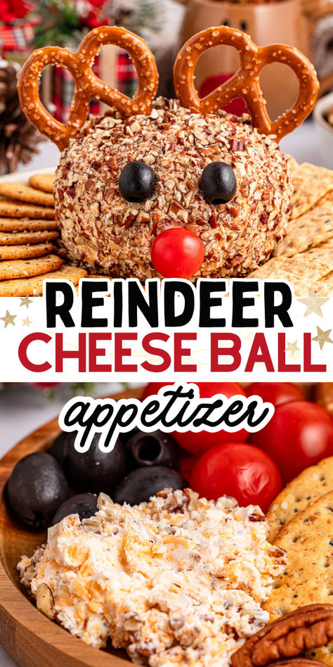 Christmas reindeer cheese ball appetizer served on a plate with crackers.