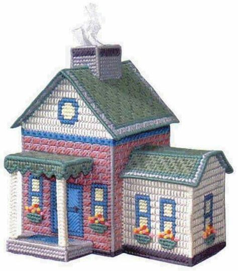 Plastic Canvas House Patterns, Plastic Canvas Doll House, Bird House Plastic Canvas, Plastic Canvas Box Patterns Cardinal House - Plastic Canvas + Needlework Patterns, Cottage Kleenex Box Needlepoint Plastic Canvas, Cross Stitch House, Kleenex Box, Plastic Canvas Books, Plastic Canvas Tissue Boxes