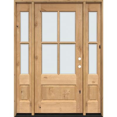 Greatview Doors Greatview Doors Knotty Alder Unfinished 4-Lite 1-3-1 Door Pre-Hung 3-0x6-8 with 14in Sidelights Right Hand Inswing in the Front Doors department at Lowes.com Dutch Front Door With Sidelights, Wood Front Doors With Glass Panels, Light Wood Front Door, Single Front Door With Sidelights, Classic Entryway, Front Door With Sidelights, Single Front Door, Door With Sidelights, House Finishes