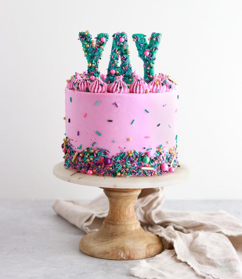 DIY Sprinkle Letter Cake Toppers - Sugar & Sparrow Costco Unicorn Cake, Simple Sprinkle Cake, Sprinkle Number Cake, Four Ever Sweet Birthday Party Cake, Smiley Face Sheet Cake, 2024 Cake Ideas, Cake Trends 2024 Birthday, Barbiecore Cake, Sparkle Cake Birthday