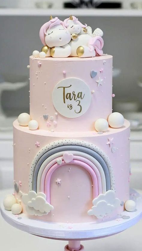 Cake For 3rd Birthday, Cake Ideas 2023, Cute Cake Ideas, 3 Tier Birthday Cake, Unicorn Cake Design, Two Tiered Cake, Candy Birthday Cakes, Tiered Cakes Birthday, New Birthday Cake