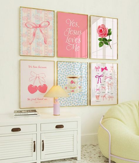 "See our full collection at https://www.olkeningpress.etsy.com Enhance your space with the timeless beauty of our Coquette Room Decor Christian Set of 6. This printable wall art features some of our best sellers in the color pink, available as a digital download, combines the elegance of vintage art with the inspirational words of several popular bible verses. Fill your home with Scripture Verse Wall Art and Christian Aesthetic that will add warmth and beauty to your space. Be sure to check out our shop olkeningpress.etsy.com to discover more amazing art that you will love!  This Product Is An Immediate Digital Download WHAT YOU GET: FORMATS: JPG 300 DPI HIGH QUALITY in the following sizes: 4\" x 6\" 5\" x 7\" 8\" x 10\" 11\" x 14\" 11\" x 17\" 16\" x 20\" 18\" x 24\" 24\" x 36\"  HOW TO D Over The Desk Wall Decor, Pink Gallery Wall Ideas, Pink Pastel Room Aesthetic, Picture Wall Bedroom Ideas, Colorful Bedroom Wall Decor, Wallpaper Aesthetic Room Decor, Happy Room Aesthetic, Popular Room Ideas, That Girl Room Decor