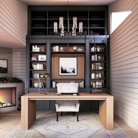 Check out how we beautifully designed this cabin office, where comfort meets functionality! With its all-shiplap walls, a cozy brick-clad fireplace, and a stunning navy blue bookshelf, this space is perfect for both work and relaxation. The wooden desk adds a warm, natural touch, making it the ideal spot to bring productivity to life in style! 💼🔥 Design by @bymdesignstudio #InteriorDesign #CabinOffice #CozySpaces #Shiplap #FarmhouseStyle #WorkspaceGoal #OfficeDesign #SmallOfficeSpace #Cre... Office With Bookshelf Wall, Modern Traditional Home Office, Blue Bookshelf, Home Office With Built Ins, Blue Bookshelves, Office With Fireplace, Cabin Office, Traditional Home Office, Office Built Ins