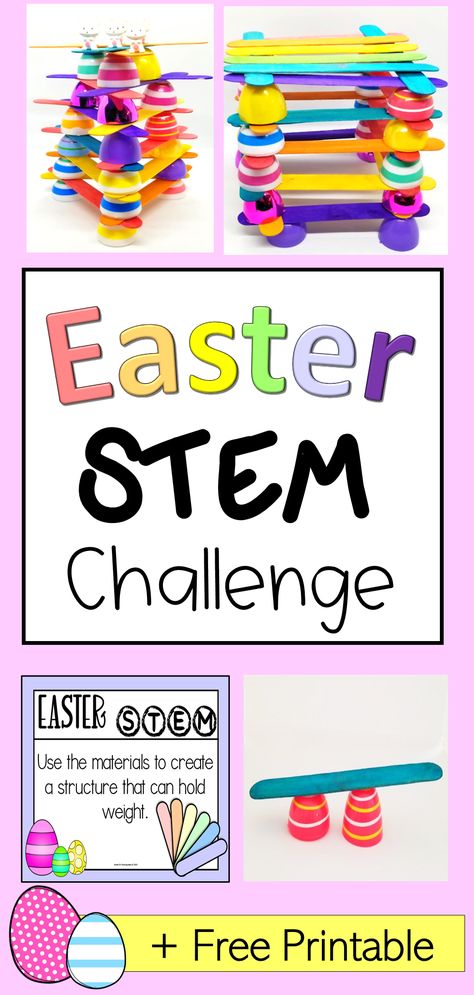 The pin says Easter STEM challenge and shows structures made out of popsicle sticks and plastic eggs. Classroom Stem Activities, Easter Stem Challenge, March Stem, Easter Stem Activities, Spring Stem Activities, Easter Stem, Easter Science, Easter Kindergarten, Stem Activities Preschool