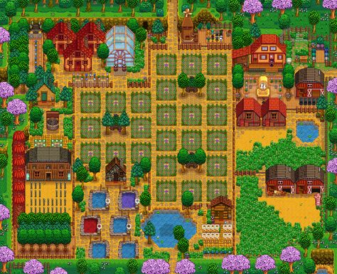 Cool pathway to grandpa's shrine :) u/Quillandwand  Spring 12, Year 5 - my (pretty much) finished farm in full bloom. Posted a couple of weeks ago when I was just starting to change the layout of my farm around (spring 28, year 3) and this is the end result (: : StardewValley Stardew Valley Map Layout, Farm Set Up Stardew, Stardew Valley Regular Farm Layout, Stardew Valley Normal Farm Layout, Stardew Valley Basic Farm Layout, Standard Stardew Farm Layout, Stardew Valley Layout Ideas, Standard Farm Layout Stardew Valley, Sdv Farm Layout Standard