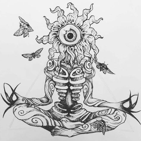 Dark Trippy Drawing Ideas, Big Rib Tattoo Men, Dancing Mushroom Lady Tattoo, Long Tattoo Filler, Tattoo Drawing Inspiration, Cool Trippy Tattoos, Drawing Using All Elements Of Art, Trippy Sketchbook Ideas, Psychadelic Tattoo Sleeve