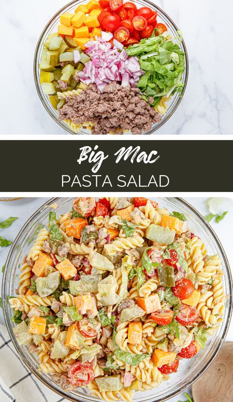 Easy Big Mac Pasta Salad, Burger Pasta Salad, Pasta Salad Recipes Small Batch, Hamburger Pasta Salad, Pasta Salad Recipes With Meat, Wacky Mac Pasta Salad, Amazing Pasta Salad, Ground Beef Pasta Salad, Fun Pasta Salad Recipes