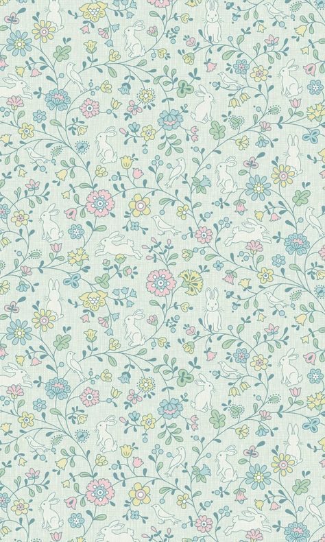 Stylish Flowers with Bunny & Birds Floral Green Wallpaper by Walls Republic Floral Green Wallpaper, Matching Backgrounds, Green Floral Wallpaper, Green Prints, Cute Backgrounds For Iphone, Dollhouse Wallpaper, Playroom Bedroom, Easter Wallpaper, Scrapbook Background