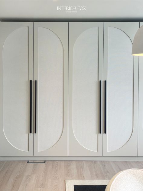 Custom Wardrobes with curved door panels: Stylish Office Interiors Fluted Panel Wardrobe Doors, Curved Wardrobe Design, Curved Cabinet Design, Wardrobe Panel Design, Fluted Wardrobe Doors, Arched Wardrobe, Curved Closet, Curved Wardrobe, Wardrobe Elevation