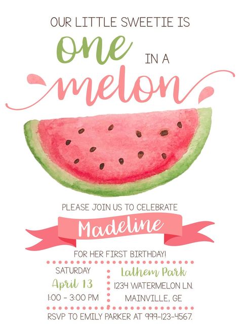 Watermelon Birthday Party Invitation / One in a Melon Birthday | Etsy Watermelon Party Invitations, Watermelon Birthday Party, Watermelon Invitations, One In A Melon Birthday, Summer Birthday Invitations, Watermelon Birthday Parties, Fruit Birthday, Watermelon Party, Watermelon Birthday