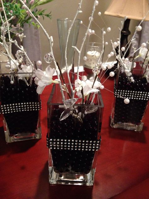 Centerpieces for Naomi's Sweet 16. Black Theme Sweet 16, Black And Silver Centerpieces, Band Decorations, Silver Centerpieces, Black And White Centerpieces, Family Reunion Decorations, Christmas Party Centerpieces, Photo Centerpieces, Black Centerpieces