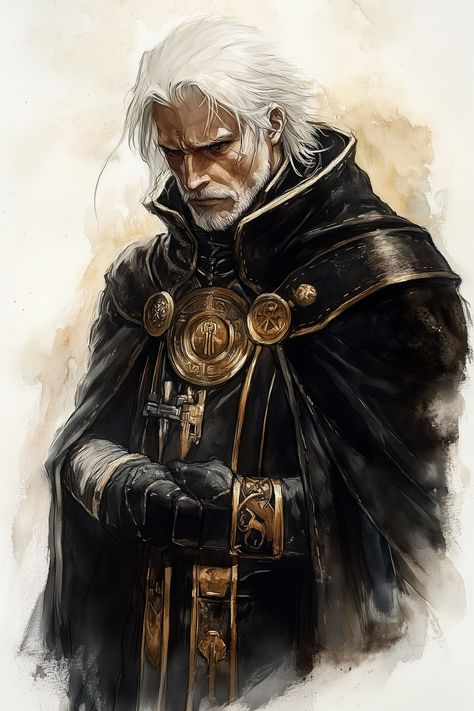 A human cleric graced with timeworn wisdom, moves with a tranquil confidence drawn from his unwavering faith. His piercing eyes hint at a sorrowful past. A cascade of silver hair flows beneath his ornate mitre, its patterns a tapestry of his devotion. Known for his gentle humor and compassionate soul, Faldrenia wields both hammer and prayer to illuminate the shadows, ever a beacon of hope and healing. Evil Cleric Dnd, Aasimar Dnd Art, Human Dnd Character, Dnd Healer, King Fantasy Art, Dnd Angel, Cleric Rpg, Dnd Npc Art, Cleric Dnd