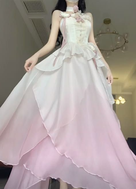 Pink Chiffon Dress Long, Chinese Prom Dress, Prom Night Dress, Dresses Night, Pink Chiffon Dress, Ombre Pink, Classy Prom Dresses, Old Fashion Dresses, Dress Design Sketches