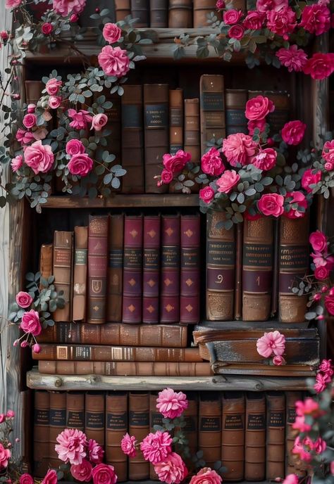 Books And Flowers, Screen Savers, Dark Academia, Bookshelves, Photo Frame, Phone Wallpaper, Roses, Reading, Frame