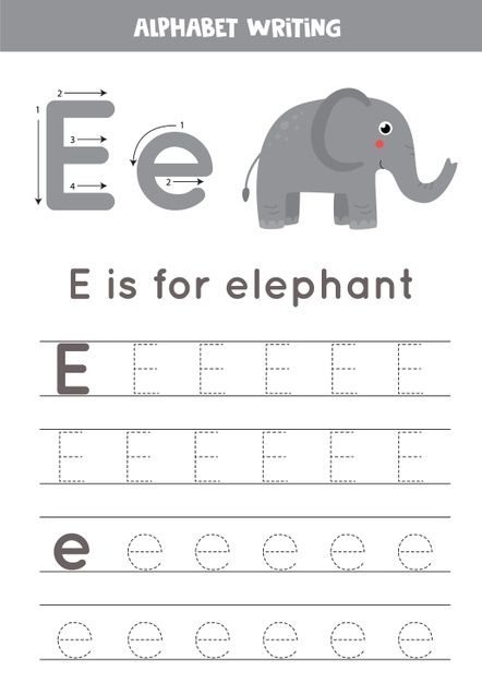 Alphabet tracing worksheet with animal i... | Premium Vector #Freepik #vector #cartoon #animals #alphabet #font Writing Practice For Kids, Letter E Activities, E Is For Elephant, Tracing Alphabet Letters, Kids Handwriting Practice, Vector Alphabet, Kids Alphabet, Preschool Tracing, Alphabet Tracing Worksheets