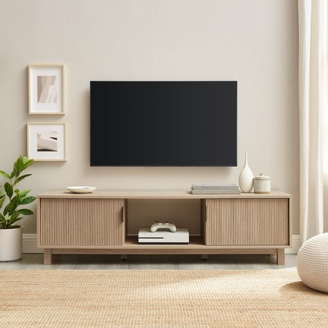 TV Stands Coffee Table And Tv Stand Ideas, Coffee Table And Tv Stand, Fluted Door, Neo Angle Shower, Storage Cubby, Tv Stand And Coffee Table, Neutral Living Room, Media Console, Living Room Inspo