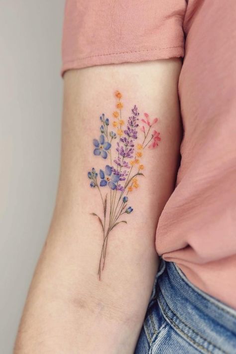 30+ Perfect Lavender Tattoo Design Ideas Lupine Flowers Tattoo, Lavender Bouquet Tattoo, Mothers Tattoo, Lavender Tattoo Design, Small Snowflake Tattoo, Lavender Tattoos, Best Feminine Tattoos, Bisexual Aesthetic, Purple Tattoo