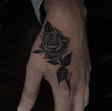 Men’s Hand Tattoos Rose, Tattoo Designs Men Rose, Rose Finger Tattoo Men, Small Rose Tattoo Men Hand, Rose Tattoo Design For Men Hand, Hand Rose Tattoo Men, Small Rose Tattoo Men, Masculine Rose Tattoo, Black Rose Hand Tattoo