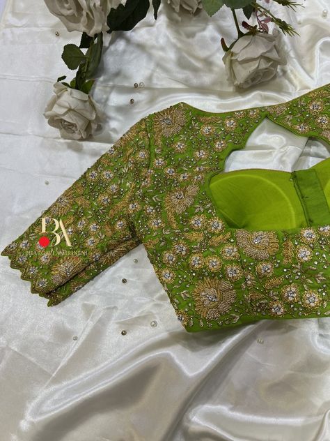 Embroidery maggamwork shopnow designer saree blouse bride zardosi hand work Kanchipattu handmade Hyderabad bridal designer Green Maggam Blouse Designs, Green And Silver Blouse Designs, Green Bridal Blouse Aari Work, Green Blouse Thread Work Designs, Full Blouse Work Designs, Green Colour Maggam Work Blouses, Work On Green Blouse, Green Work Blouse Designs, Green Blouse Work Designs