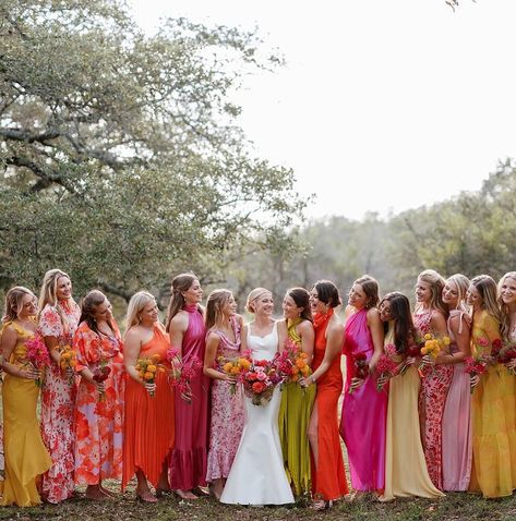 ⁠The perfect color palette doesn’t exist…🧡💛 •⁠ •⁠ Wed Society | Austin FEATURED vendors:⁠ Venue: @windemerefarmweddings⁠ Linens + Napkins: @bbjlatavola⁠ Stage + Satellite Bars: @premiereeventstx⁠ •⁠ •⁠ // Photo: @frannypullinphotography⁠ •⁠ •⁠ Other Vendors:⁠ @westcottweddings @nicolet_laveau⁠ @lovelykindbeauty⁠ @carlycreativeco⁠ @weareloam⁠ @tablemannerstx⁠ @beelavishvintage⁠ @mikesdancefloorrentals⁠ @austineventlighting⁠ @royalfigcatering⁠ @icedcakesatx⁠ @blinddateaustin⁠ @malcatdog ⁠ #ven... Summer Sunset Bridesmaid Dresses, June Wedding Colors 2025, Sunset Wedding Colors Colour Palettes, Colorful Bridesmaid Dresses, Bridesmaid Dresses Different Colors, Pink Yellow Weddings, August Wedding Colors, Sunrise Wedding, Bright Wedding Colors