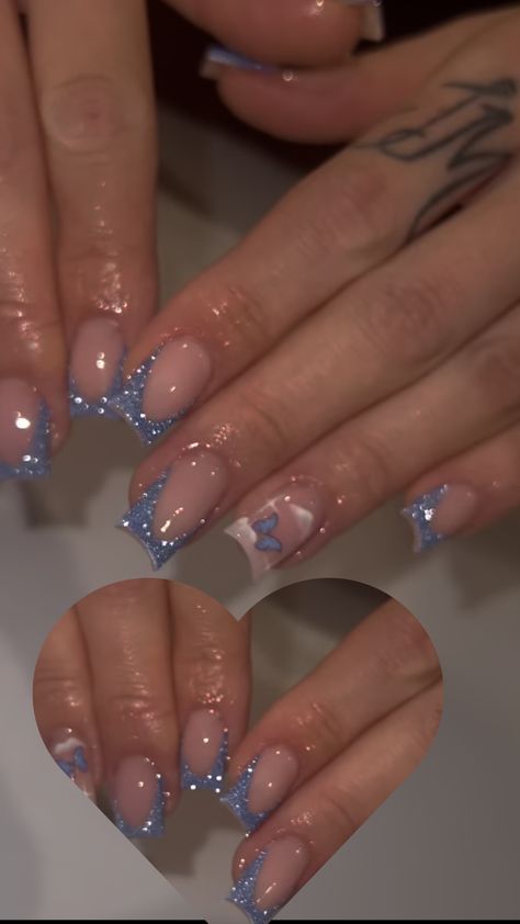 Short Acrylic Nails With Butterflies, Short Square Acrylic Nails Summer 2023, Cute Short Nail Inspo 2023, Hello Kity Nails Acrylic, Birthday Nails Libra Short, Short Fall Acrylic Nails Square, Nurse Nails Acrylic, Med Length Nails, Blue Glitter French Tip Nails