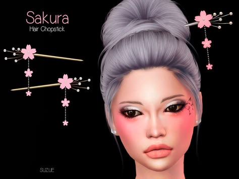 Sims 4 Chopsticks, Sims 4 Cc Head Accessories, S4cc Hair, Sakura Hair, Sims Accessories, Cc Accessories, Geisha Hair, Kawaii Hat, Peach Necklace