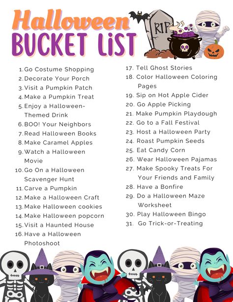 Bucket List Activities, Halloween Movies List, Halloween Bucket List, Halloween Buckets, Themed Drinks, Spooky Treats, Fall Bucket List, 31 Days Of Halloween, Fun Activities To Do