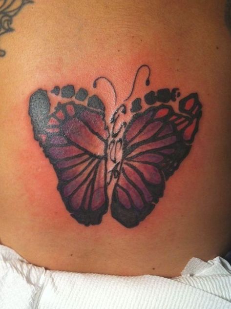 11 Purple Butterfly Tattoos To Honor The Baby You Lost & The Baby You Took Home Butterfly Footprints, Purple Butterfly Tattoo, Tattoo For Baby Girl, Twin Tattoos, Mommy Tattoos, Mother Tattoos, Geniale Tattoos, Butterfly Tattoo Designs